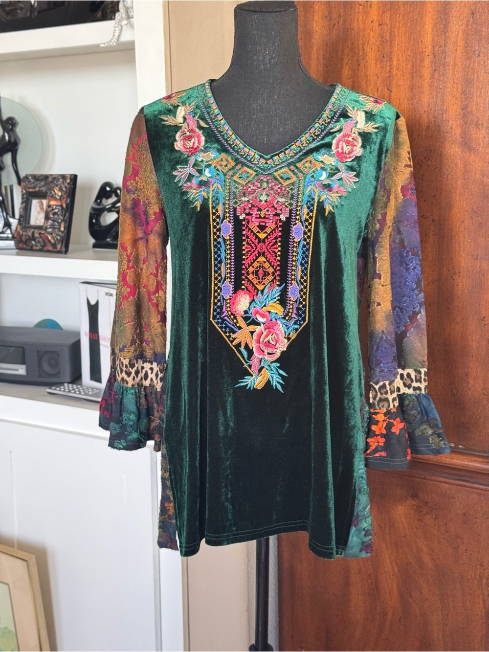 CALESSA Velvet Green Embroidered  Top